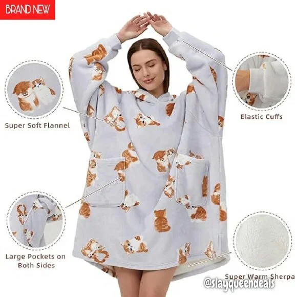 Oversized Sherpa Wearable Blanket Hoodie with Pockets for Adults